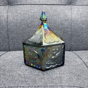 Vintage Tiara Indiana Glass Frosted Blue Colonial Candy Dish With Lid Eagle Star